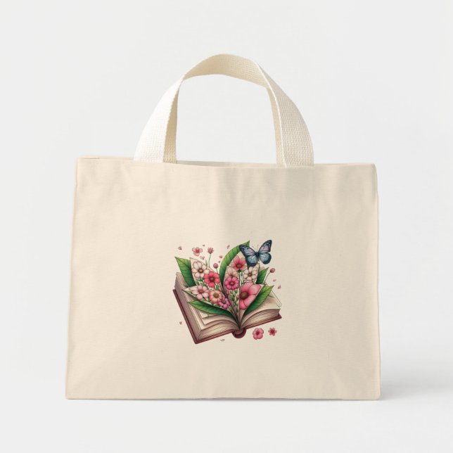 Bolsa Tote Mini Desenho de Livro Aberto e Blossom com borboleta (Frente)