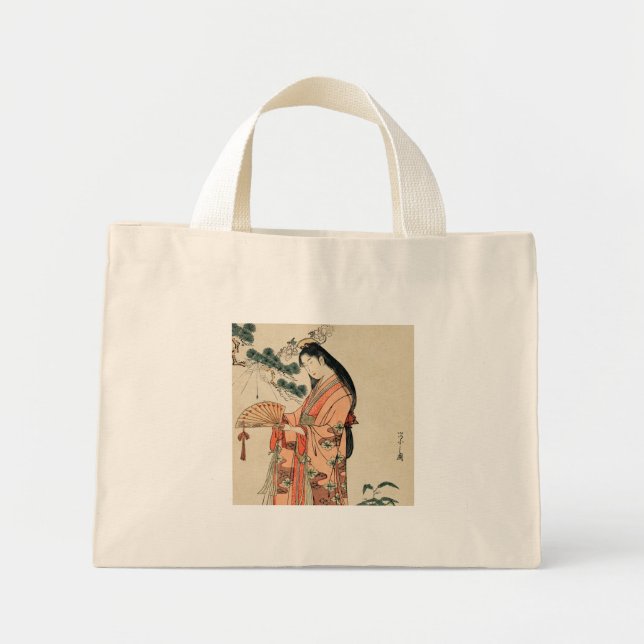 Bolsa Tote Mini Desenho de madeira japonesa antiga com mulher (Frente)