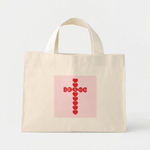 Bolsa Tote Mini Deus Amou Tanto o Mundo Coração Vermelho Cruz Rosa