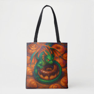 Bolsa Tote Mini Dragão Verde Bonito e Rosquinha Fantasia Arte