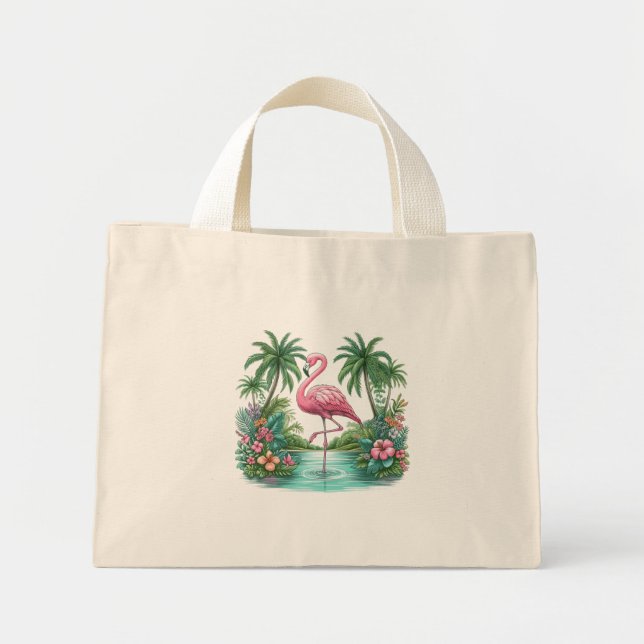 Bolsa Tote Mini Flamingo rosa com flores e palmeiras (Frente)