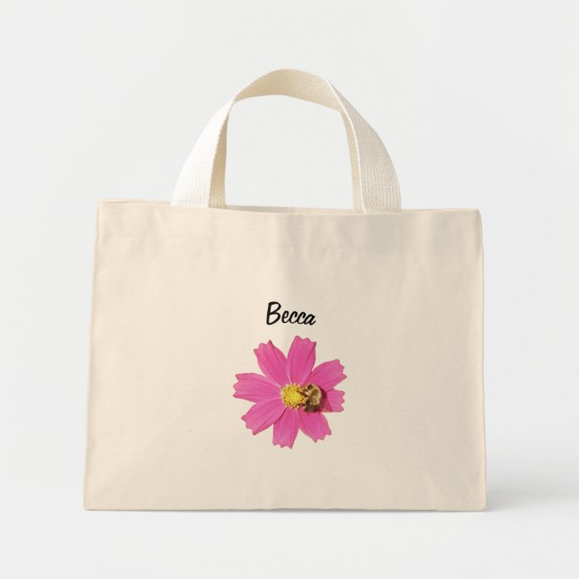Bolsa Tote Mini Flor de Cosmos Rosa Vivo com uma Abelha Personaliz (Frente)