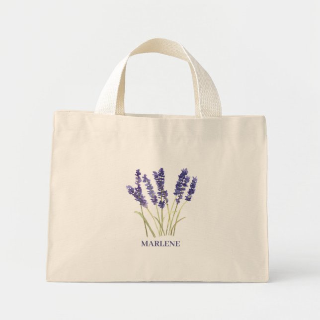 Bolsa Tote Mini Flores de Lavanda em Aquarela Floral Roxo (Frente)