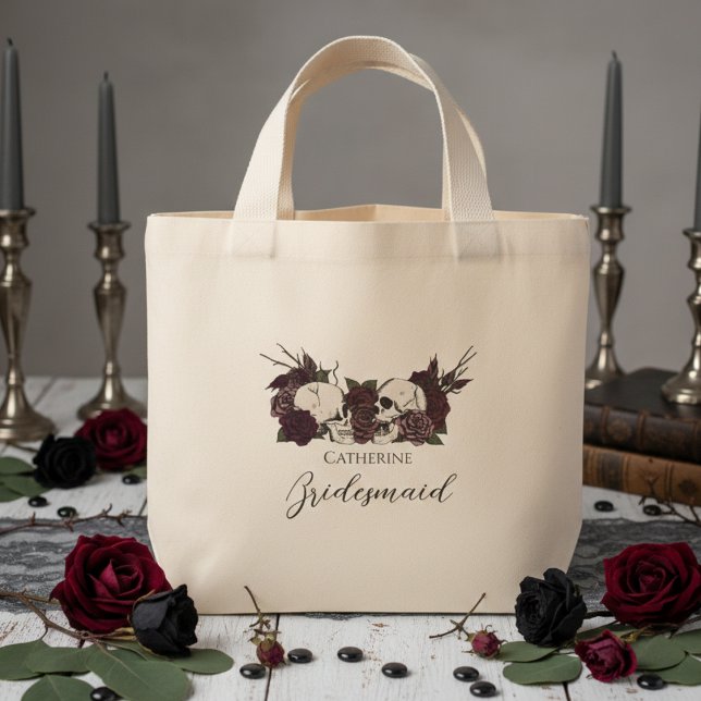 Bolsa Tote Mini Gothic Skull & Rose Bridesmaid (Elegant Gothic Wedding Tote Bags. Dark Floral Skulls with Burgundy and Mauve Roses for Bridesmaid)