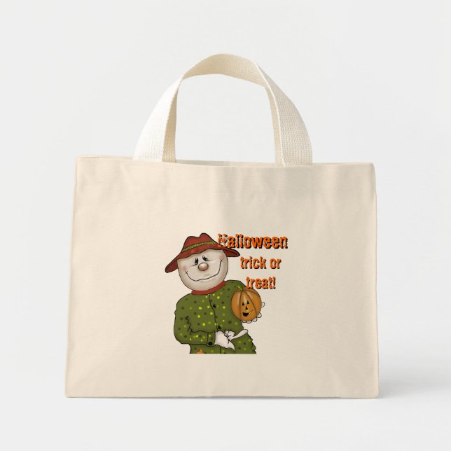 Bolsa Tote Mini Grito ou Tratamento de Halloween com espantalho (Frente)