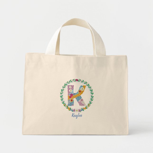 Bolsa Tote Mini Letras Flores Iniciais "K" com Nome Personalizado (Frente)