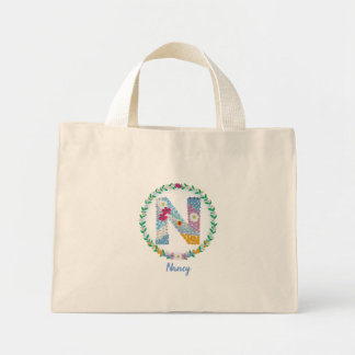Bolsa Tote Mini Letras Flores Iniciais "N" com Nome Personalizado