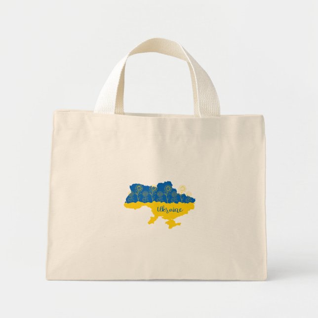 Bolsa Tote Mini Mapa da Ucrânia com girassol e bandeira ucraniana (Frente)