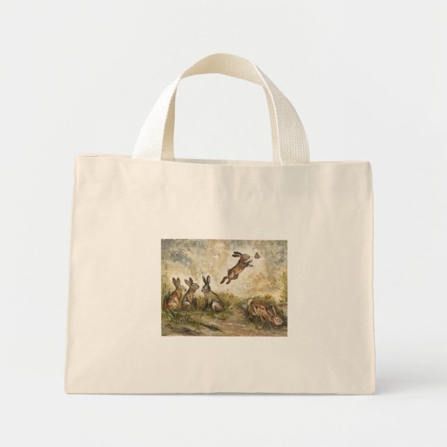 Bolsa Tote Mini Meadow Matchup Playful Hares in a Meadow  (Frente)