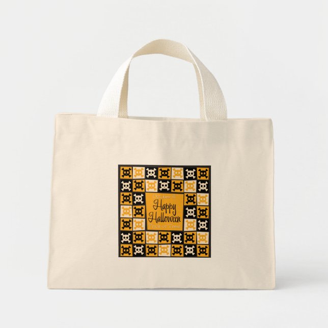 Bolsa Tote Mini Mosaico do crânio de Halloween (Frente)