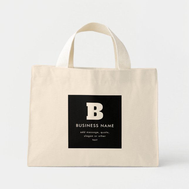 Bolsa Tote Mini Nome e Slogan Comercial Editável | Preto & Branco (Frente)