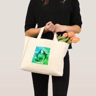 Bolsa Tote Mini Oceano de golfinhos azul e verde monograma  