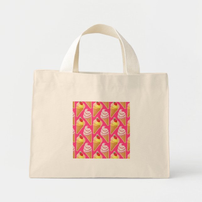 Bolsa Tote Mini Padrão rosa Kawaii com sorvete de morango  (Frente)