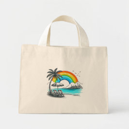 Bolsa Tote Mini Palmeira praia com belo arco-íris
