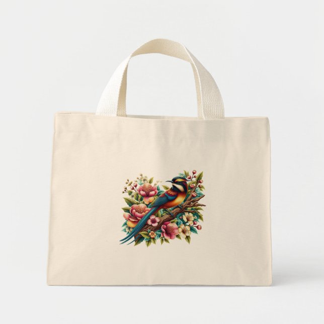 Bolsa Tote Mini Pássaro e Flor Coloridos Encantados (Frente)