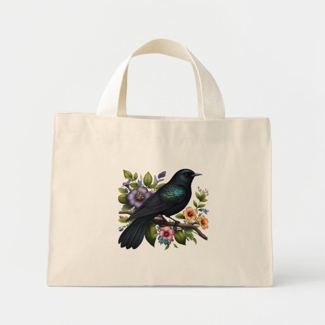 Bolsa Tote Mini Pássaro Negro charmoso com flores em sangue (Frente)