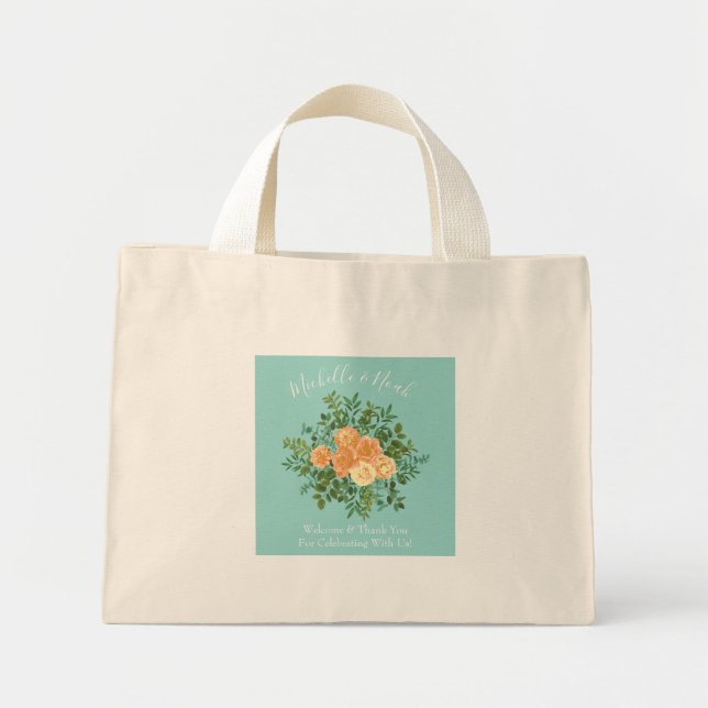 Bolsa Tote Mini Peach Aqua Teal Wedding Rosa Floral (Frente)