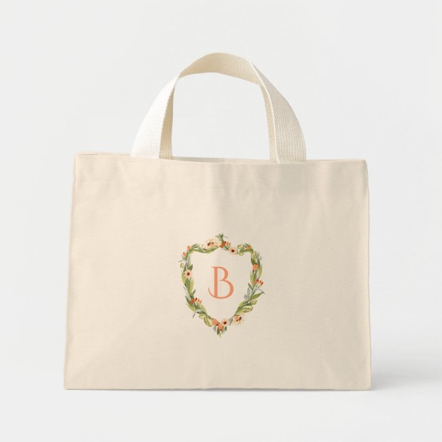 Bolsa Tote Mini Peach Floral Crest Monograma Bridesmaid (Frente)