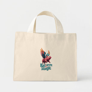 Bolsa Tote Mini Porco bonito com asas coloridas Acredita em Mági