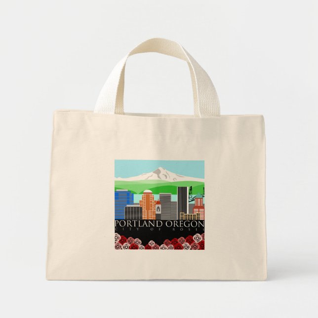 Bolsa Tote Mini Portland Oregon Skyline com Monte Hood (Frente)