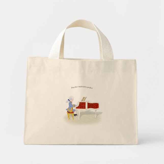 Bolsa Tote Mini "Prática Mantém Perfeito" Mozart Jogando Piano (Frente)