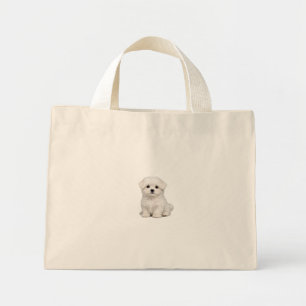 Bolsa Tote Mini Retrato de Cachorrinho Branco e Fofinho da Raça Ma