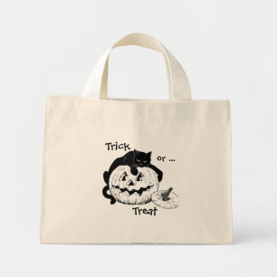 Bolsa Tote Mini Saco de Doce ou Travessura de Gato Preto e Abóbora