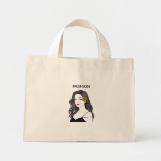 Bolsa Tote Mini Saco de Tela com Ilustração de Garota Fashion e Gi