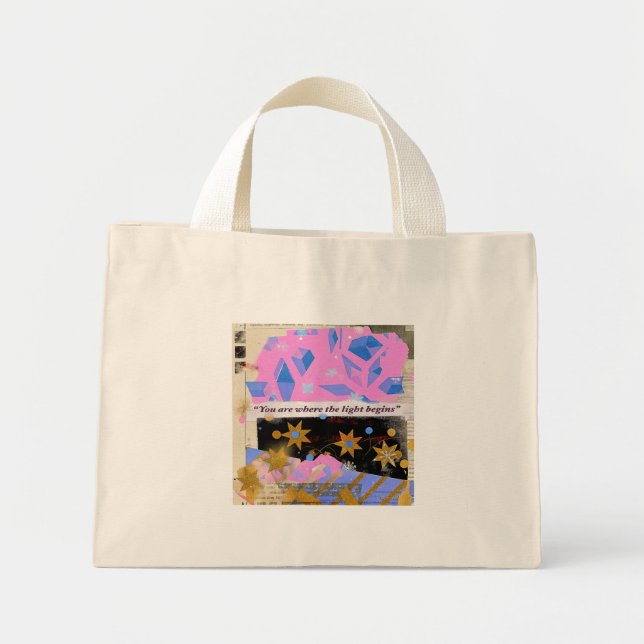 Bolsa Tote Mini Saco Tote Light Begins Gem – Brilho Rosa e Dourado (Frente)