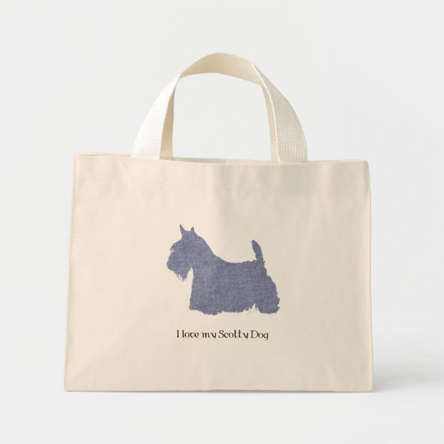 Bolsa Tote Mini Silhueta de Terrier Escocês em Jeans (Frente)
