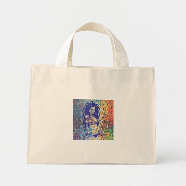 Bolsa Tote Mini Silhueta velha de uma mulher com dreadlocks. (Frente)
