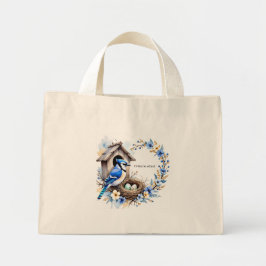 Bolsa Tote Mini Tote Geai bleu sur nichoir – Illustration florale 