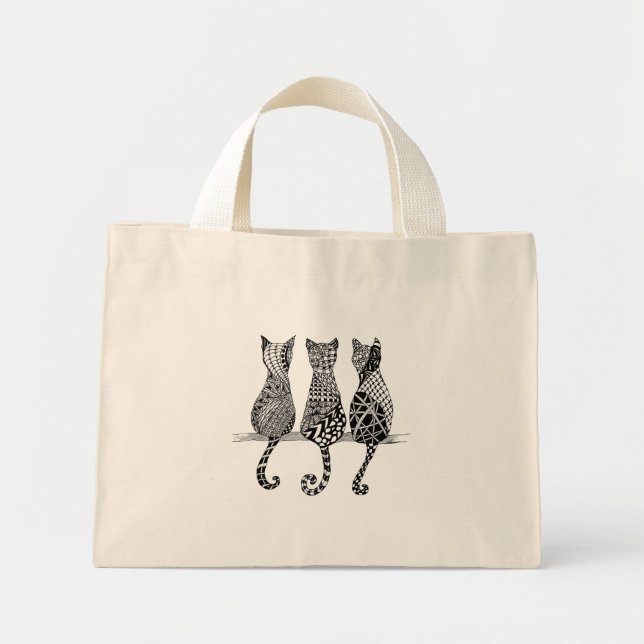 Bolsa Tote Mini Três gatos pretos e brancos em um saco (Frente)