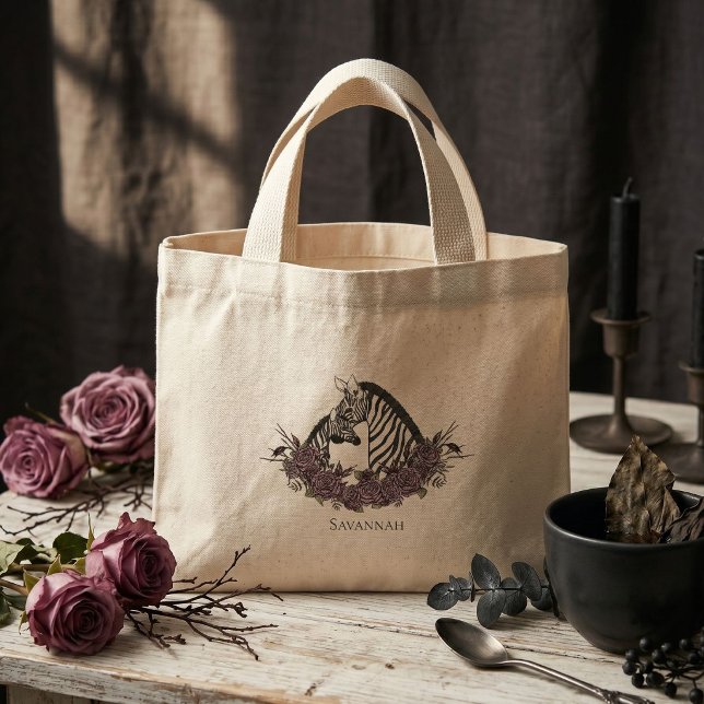 Bolsa Tote Mini Zebra Mal-Humorada Mamãe e Bebê (Moody Zebra Mini Tote with hand-drawn mommy and baby alaternative zebra ink art and mauve roses)