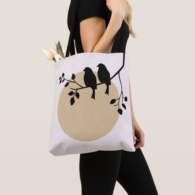 Bolsa Tote Minimalist Birds on Branch with Beige Sun (Close Up)