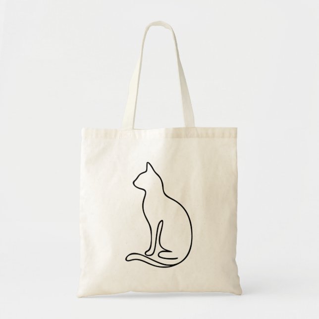 Bolsa Tote Minimalist Cat Line Art – Black Outline Silhouette (Frente)
