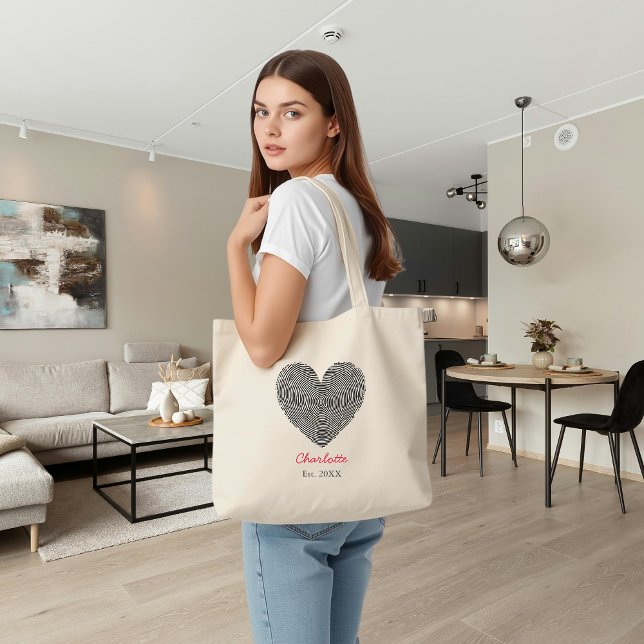 Bolsa Tote Minimalist Heart Fingerprint Personalized Name  (Criador carregado)
