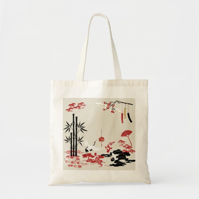 Bolsa Tote Minimalist Japanese Motifs: Cranes, Koi Fish, Bamb (Frente)
