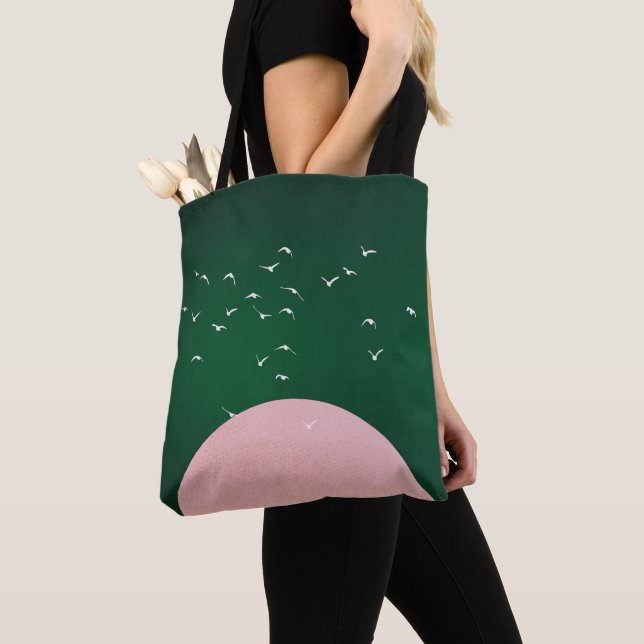 Bolsa Tote Minimalist Pink Moon with Birds Modern Art (Close Up)