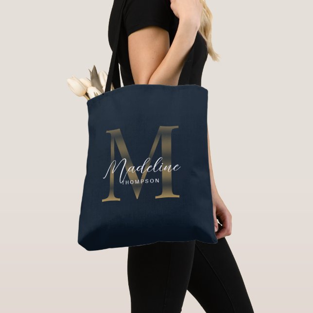 Bolsa Tote Minimalist Script Metallic Navy Blue Gold Monogram (Close Up)