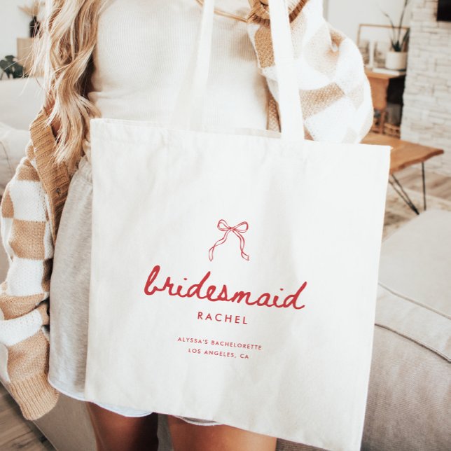 Bolsa Tote Minimalistic Script Coquette Bow Bridesmaid's Name (Criador carregado)