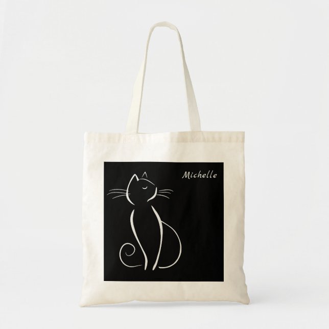 Bolsa Tote Mínimo de Gato Branco Em Preto Adicionar Nome (Frente)