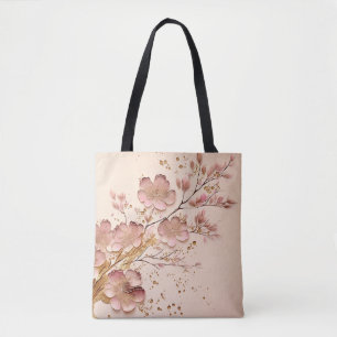 Bolsa Tote Mínimo Elegante Floral Rosa e Dourado