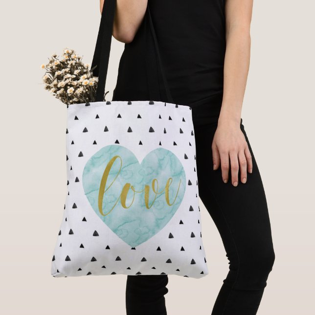 Bolsa Tote Mint e Dourada Watercolor "Love" (Close Up)