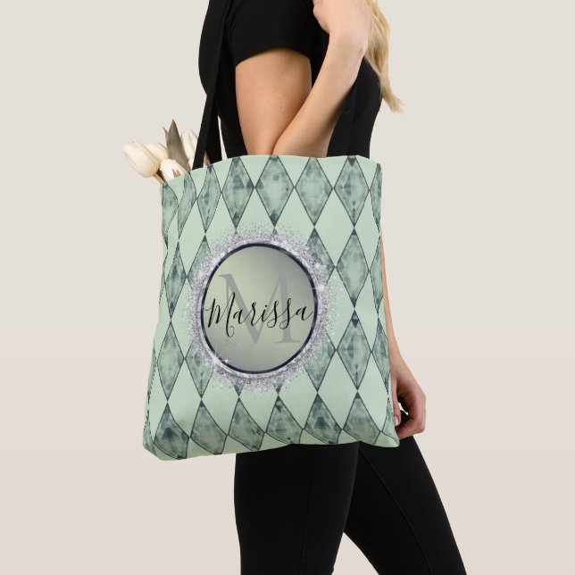 Bolsa Tote Mint Green Chic Harlequin Monograma Glitter (Close Up)