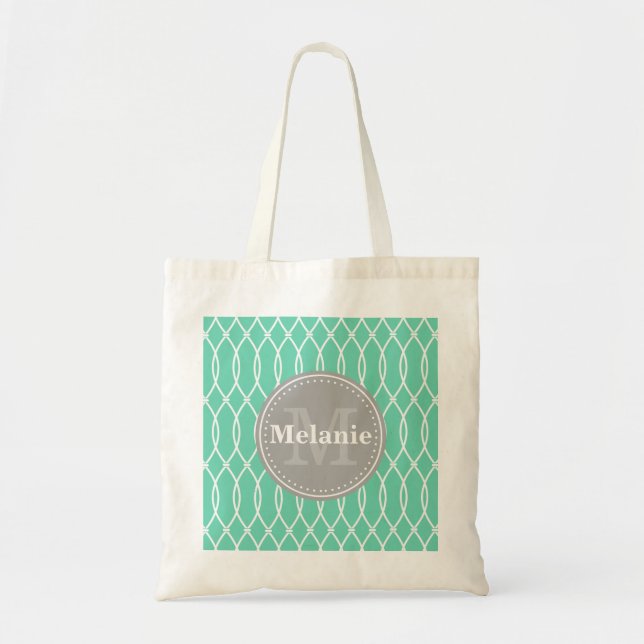 Bolsa Tote Mint Modern Lattice Pattern Monograma de Cinza (Frente)