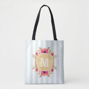 Bolsa Tote Mint Stripes Aquarela Flores Falso Monograma Doura