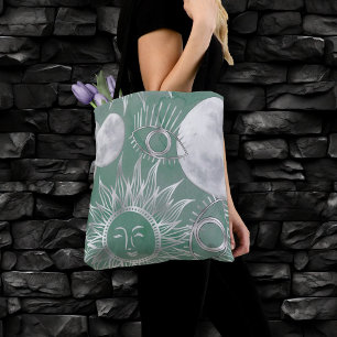 Bolsa Tote Mística Solar Lua verde-poeirenta, cor-de-rosa,