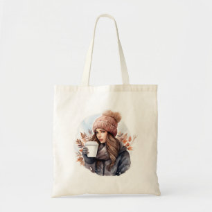 Bolsa Tote Moda de água, moça de inverno com café