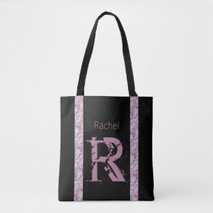 Bolsa Tote Modelo de Monograma Preto Rosa Elegante Moderno Fe